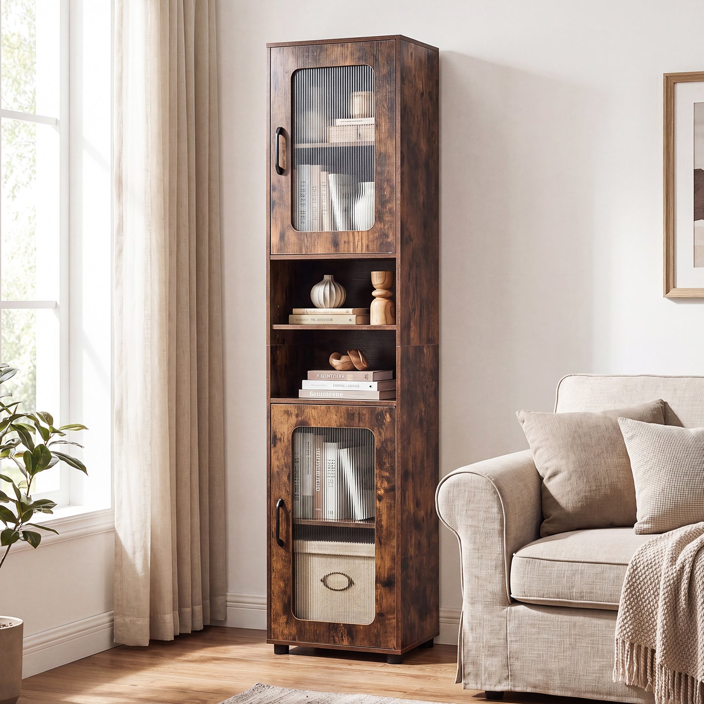 Tall Bathroom Storage Cabinet with Adjustable Shelf for Laundry-Rusticbrown