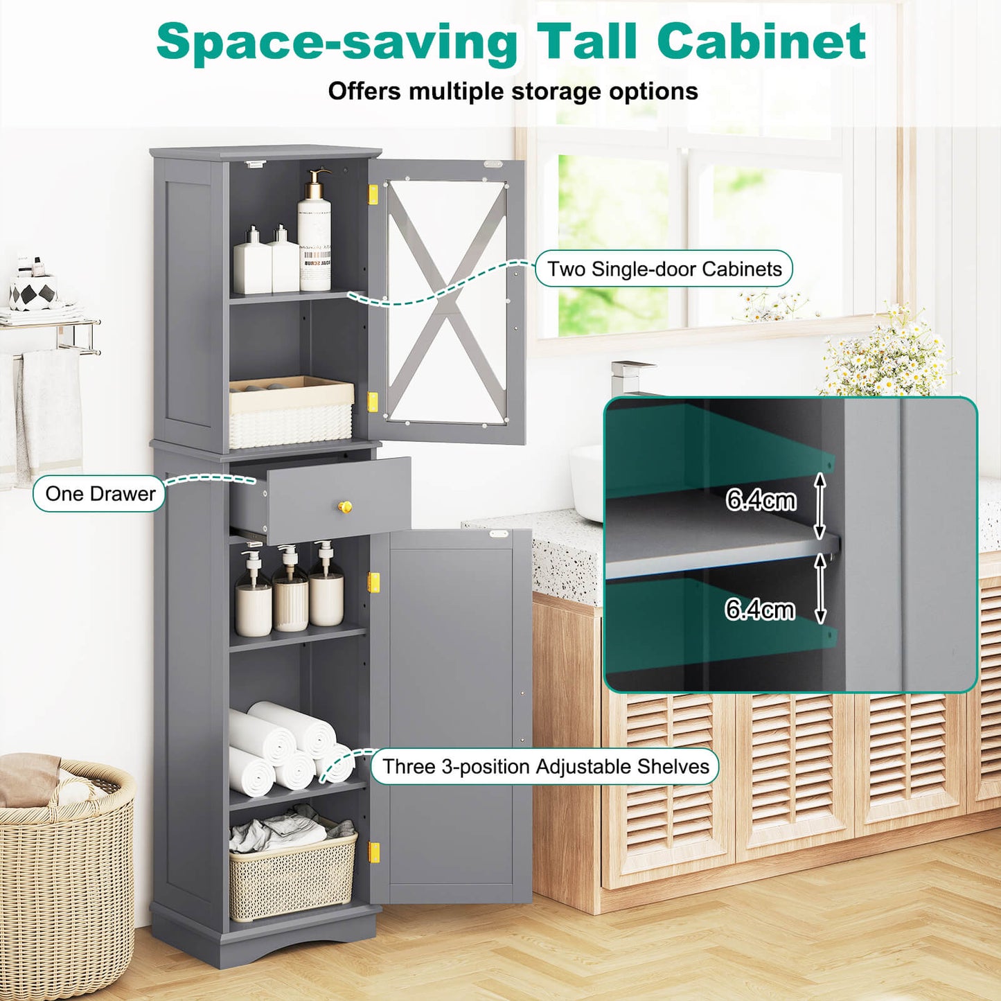 Tall Bathroom Cabinet with Drawer 2 Doors and 3 Adjustable Shelves-Grey