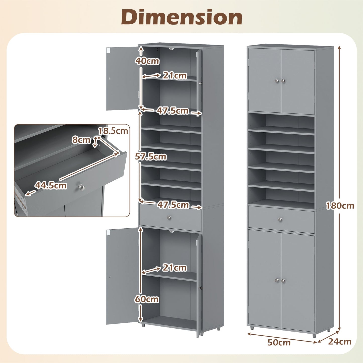 Tall Bathroom Storage Cabinet with Drawer and Adjustable Shelves-Grey