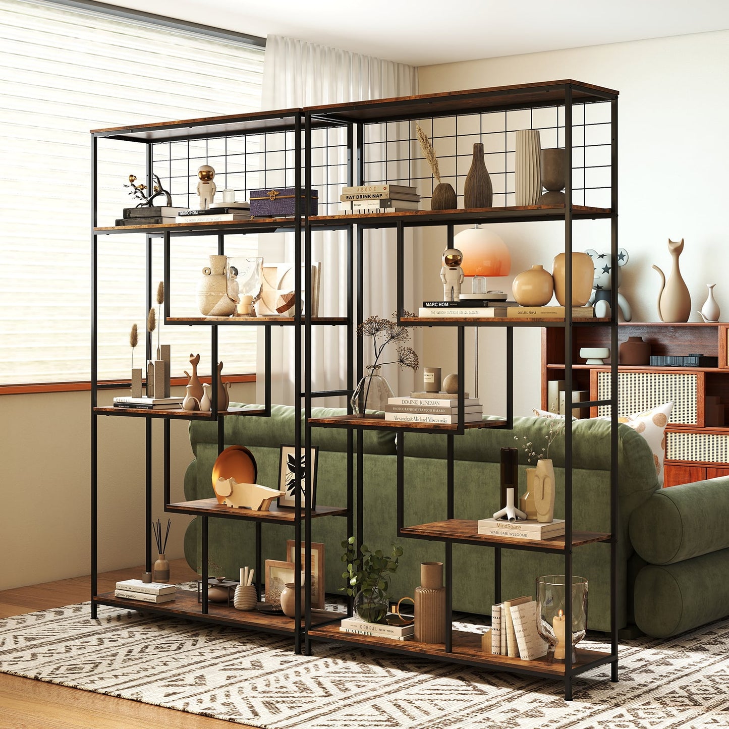6-tier Tall Bookshelf with Metal Net for Living Room-Rustic Brown
