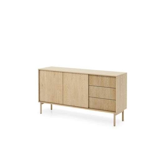 Wooden sideboard with sliding doors on a white background