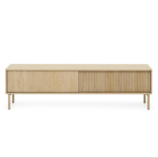 Wooden sideboard with sliding door on a white background