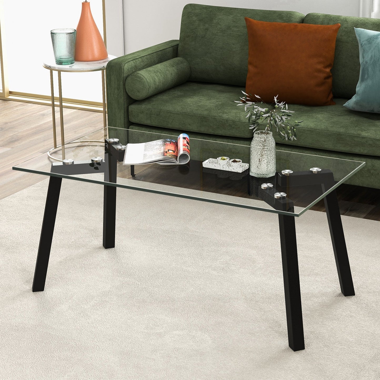 Tempered Glass Coffee Table with Metal Legs for Home Office