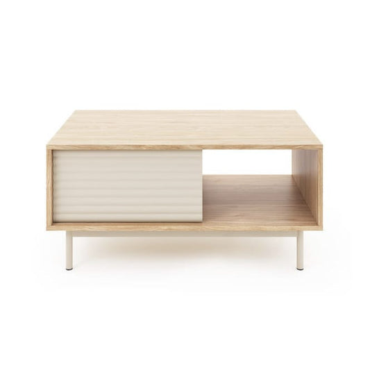Wooden side table with a white drawer on a white background