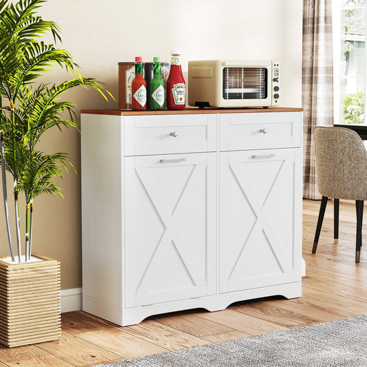 Tilt Out Trash Can Cabinet with Outlets and Adjustable Shelf for Kitchen-White