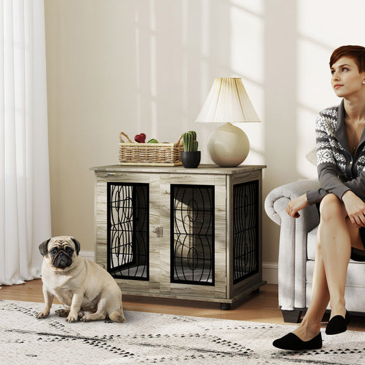 PawHut Indoor Dog Crate Furniture End Table with Soft Washable Cushion, Lockable Front Door, for Medium Dogs - Black