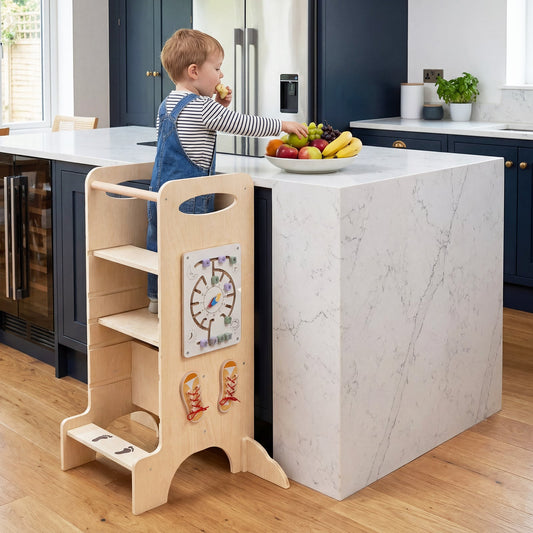 Toddler Step Stool Wooden Kids Standing Tower with Safety Rails