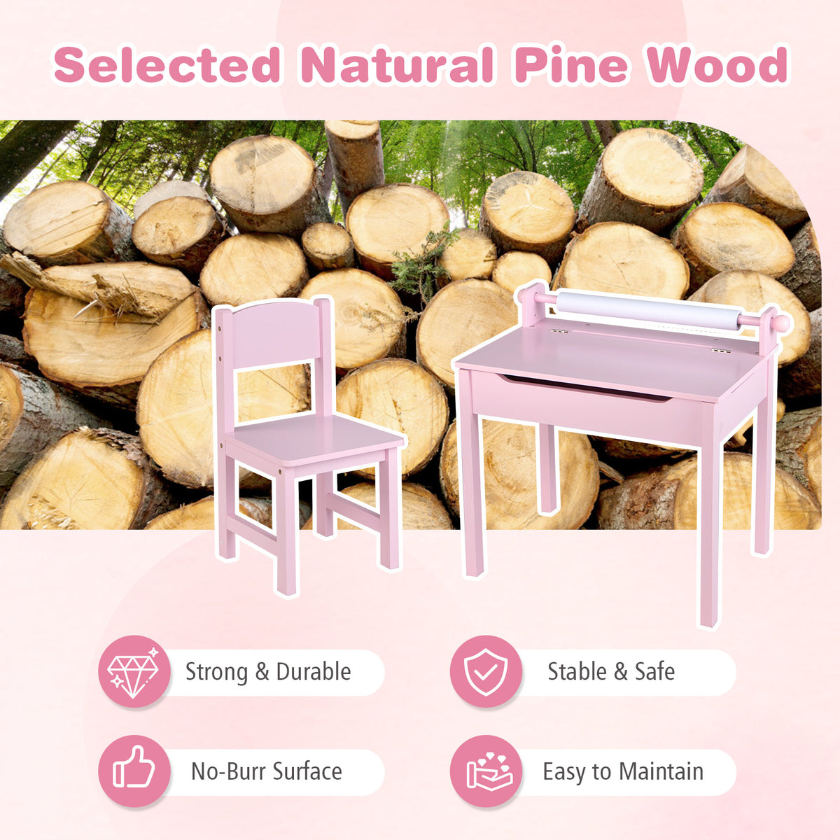 Toddler Activity Table with Chair with Storage and Paper Roll Holder-Pink