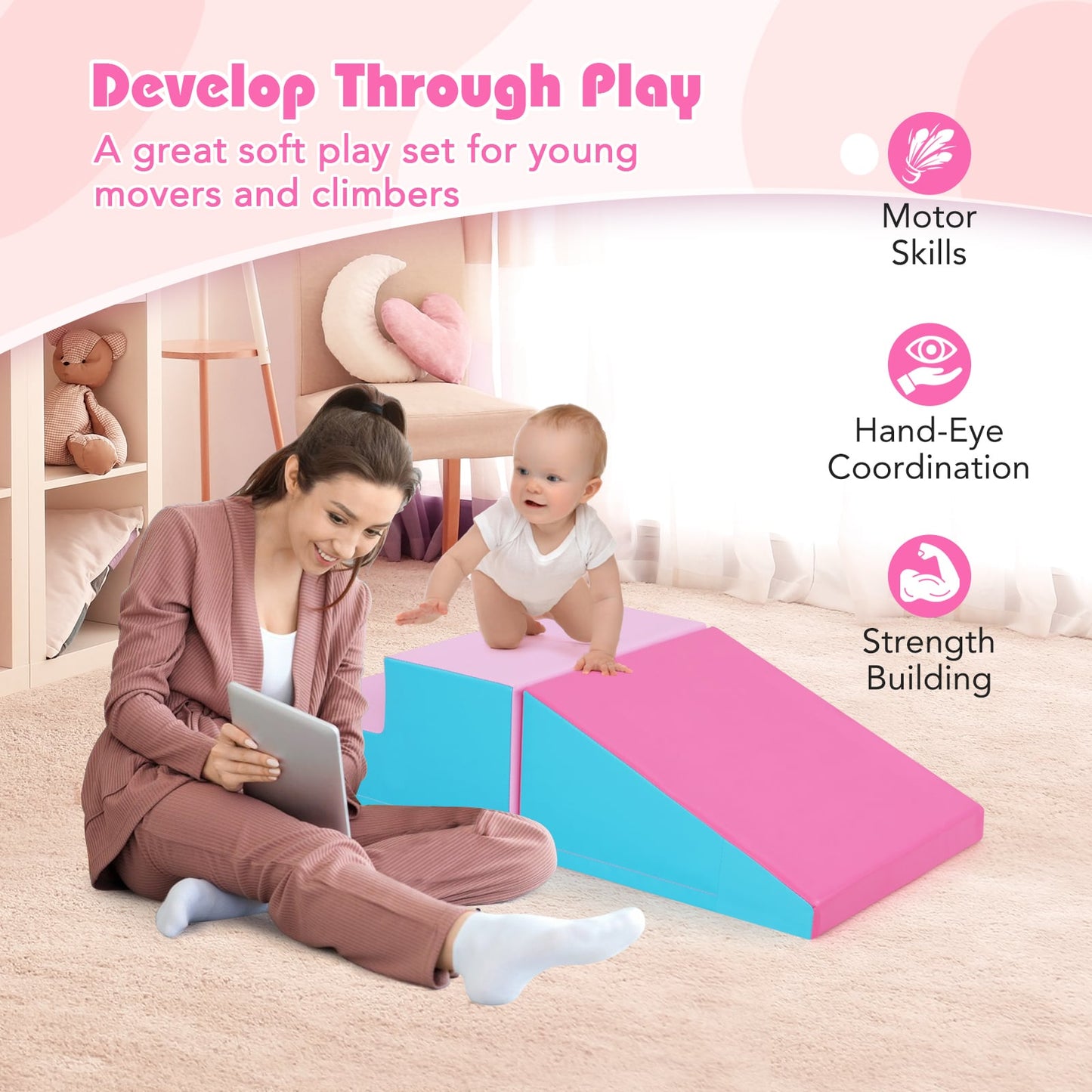 Toddler Climb and Crawl Foam Play Set-Pink & Blue