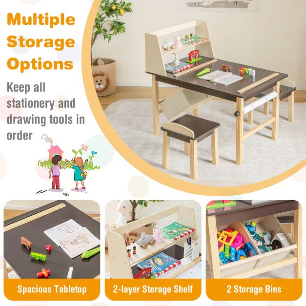 Kids Chairs Set with 2 Storage Bins and Paper Roll-Coffee