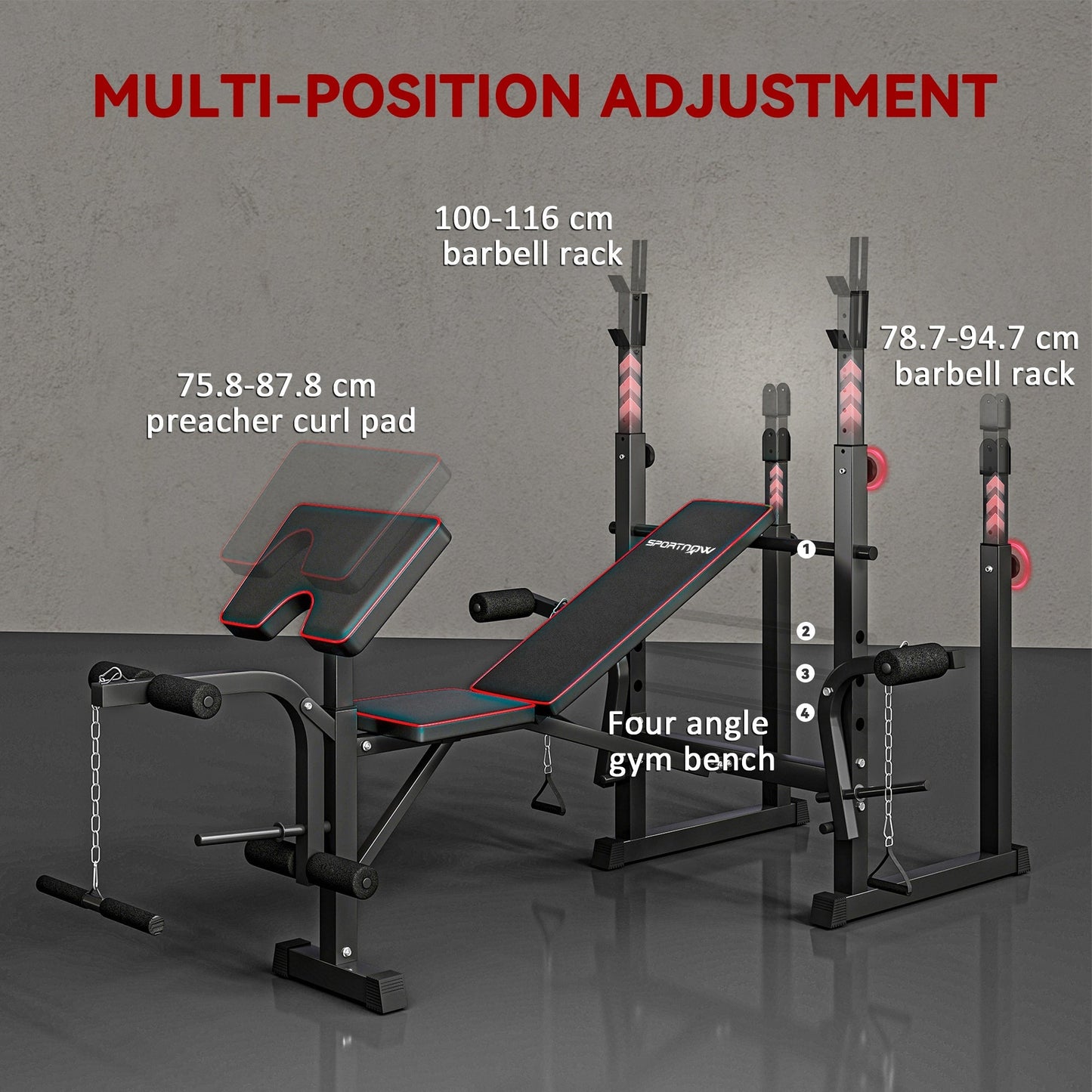 SPORTNOW Weight Bench with Two Barbell Racks, Leg Curl Machine, Preacher Curl Bench, Black