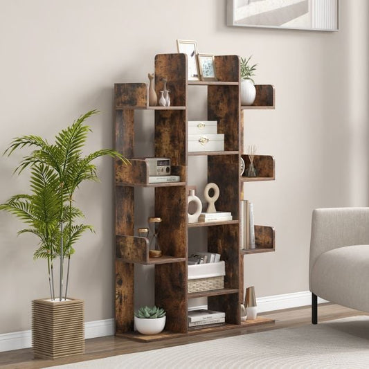 Tree Bookshelf Corner Books Storage Organizer with 13 Open Shelves-Rustic Brown