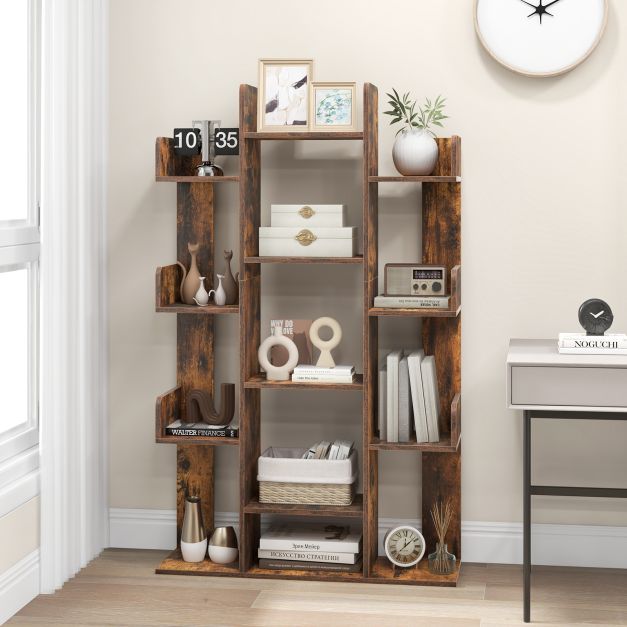 Tree Bookshelf Corner Books Storage Organizer with 13 Open Shelves-Rustic Brown