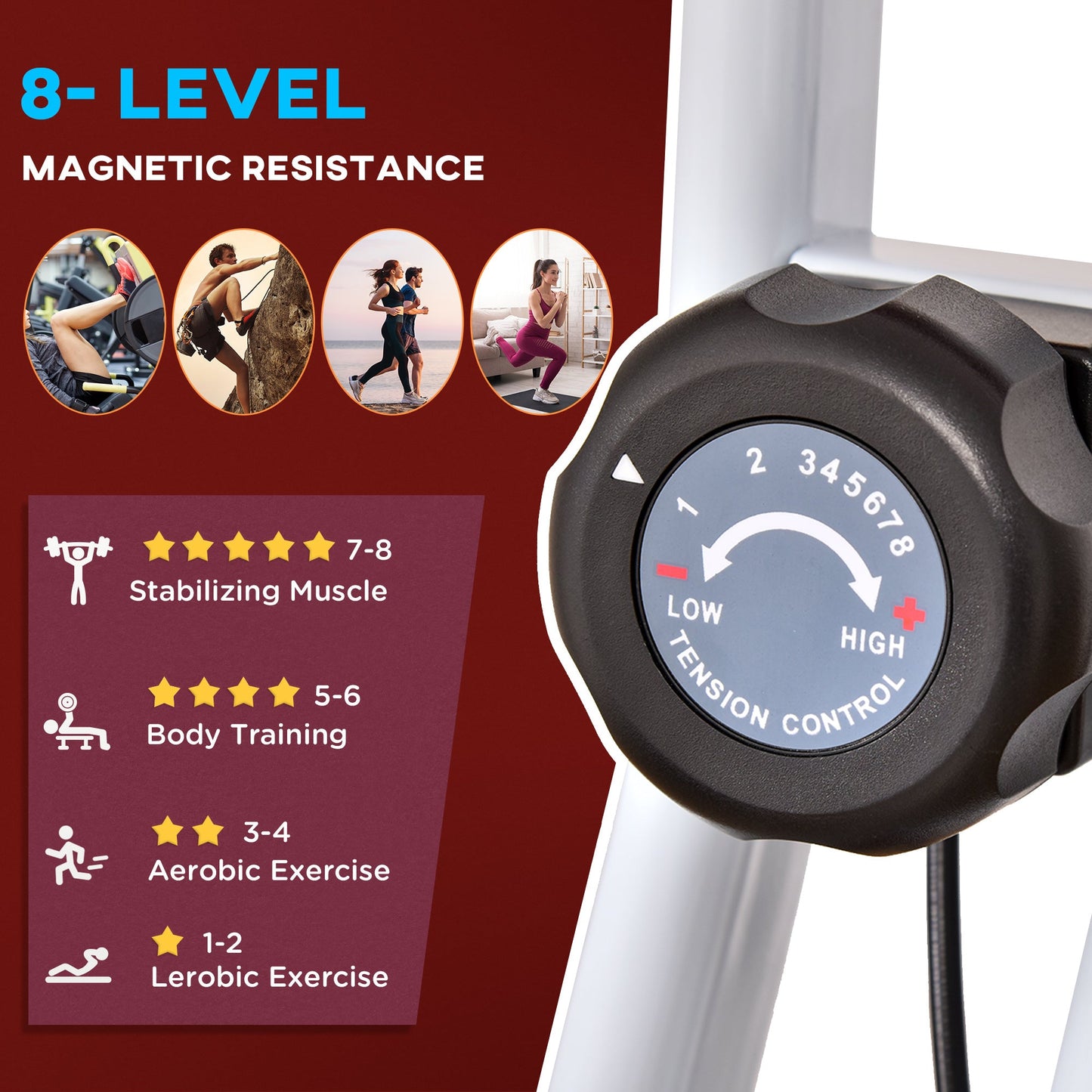 HOMCOM Folding Exercise Bike, Fitness Bicycle Indoor Trainer, Quiet 8-Level Magnetic Resistance, with LCD Monitor, Pulse Sensor and Wheels for Sport Maison and Cardio Training, Red