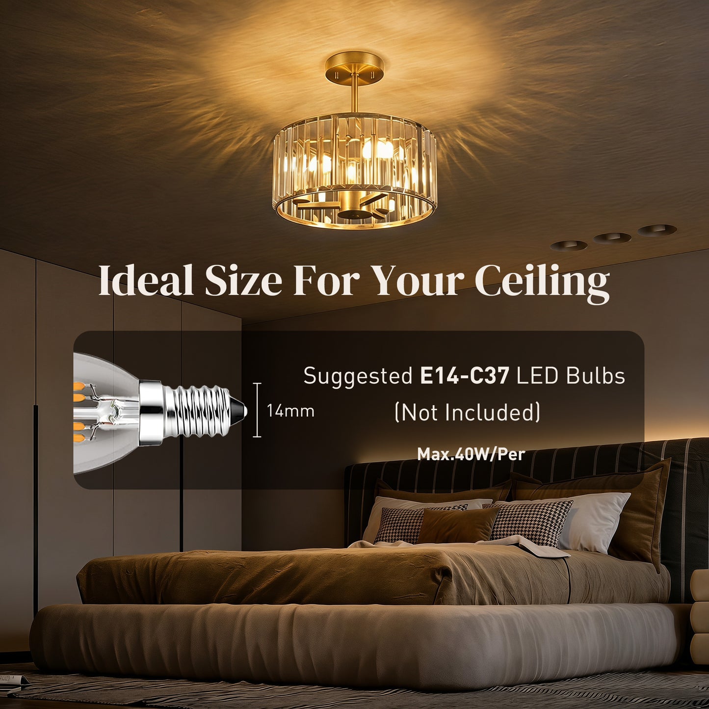 HOMCOM Semi Flush Mount Modern Crystal Chandelier Ceiling Light, Crystal Ceiling Light Fixture with E14 Base, Gold