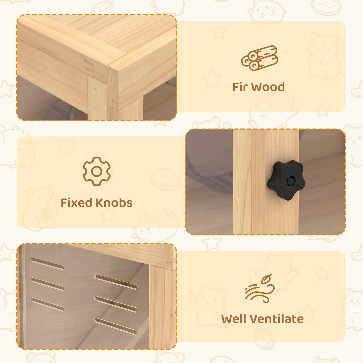 PawHut Wooden Hamster Cage with Hut, Wheel, Ramps, Removable Viewing Panels, 80 x 50 x 84 cm, Natural