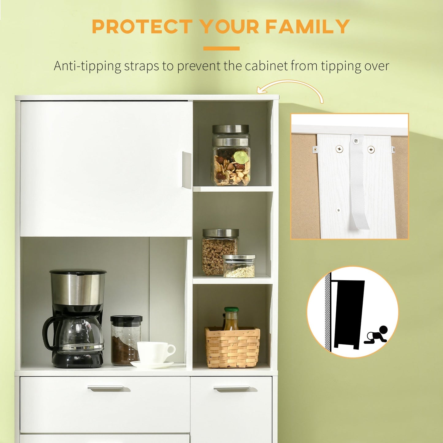 HOMCOM Kitchen Cupboard, Modern Kitchen Storage Cabinet with Shelves and Drawer, Free Standing Kitchen Units, 166Â cm, White