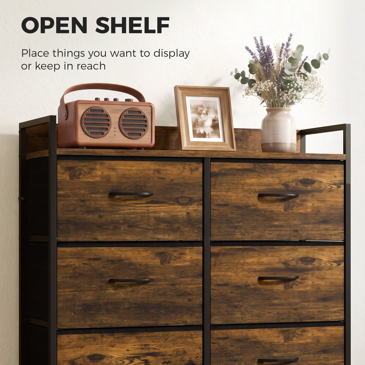 HOMCOM Rustic Chest of Six Fabric Drawers - Rustic Brown