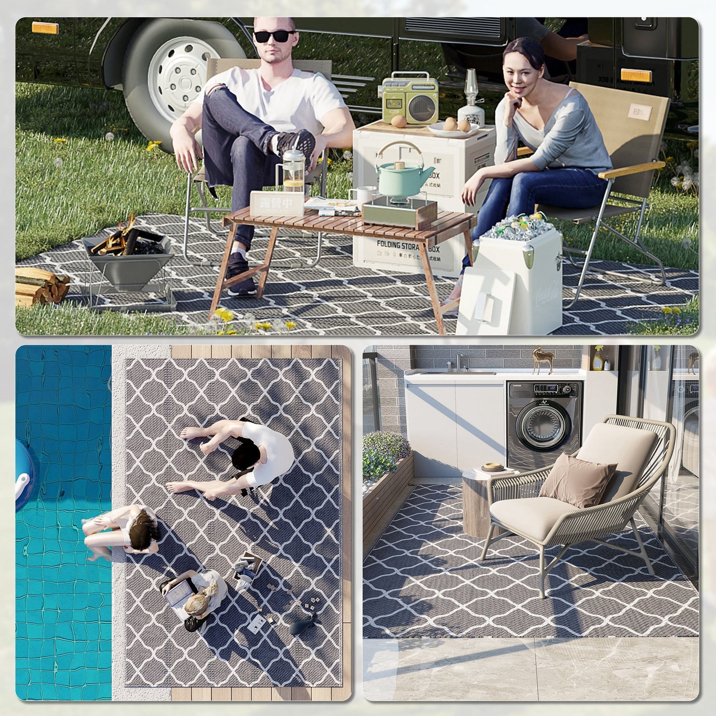 Outsunny Reversible Outdoor Rug with Carry Bag, Waterproof Plastic Straw Mat for Garden, Deck, RV, Picnic, Beach, Camping, 182 x 274cm, Grey