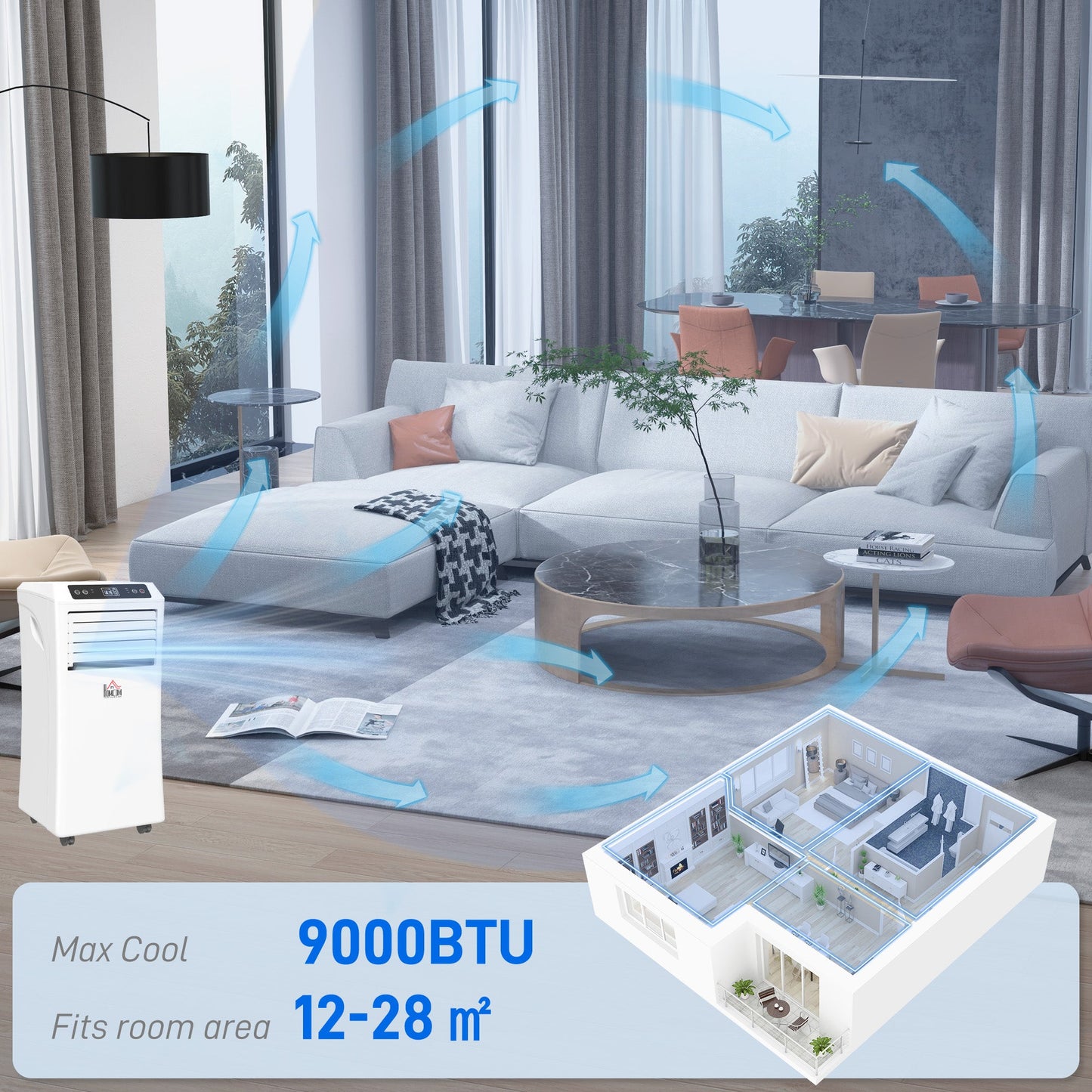 HOMCOM 9000 BTU Air Conditioning Unit, 3-in-1 Portable Air Conditioner, Dehumidifier, Cooling Fan with Remote Control, Digital Display, 2 Speeds, 24H Timer, Window Venting Kit, 28m²