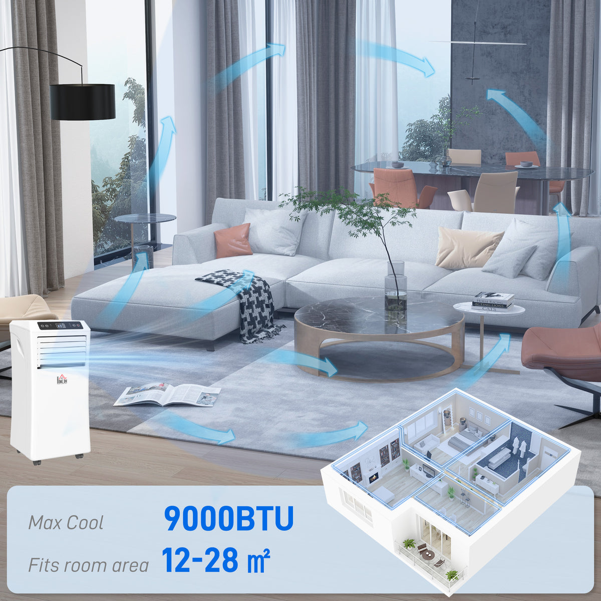 HOMCOM 9000 BTU Air Conditioning Unit, 3-in-1 Portable Air Conditioner, Dehumidifier, Cooling Fan with Remote Control, Digital Display, 2 Speeds, 24H Timer, Window Venting Kit, 28m²
