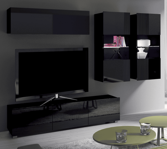 Modern living room with black high-gloss wall units and a TV.