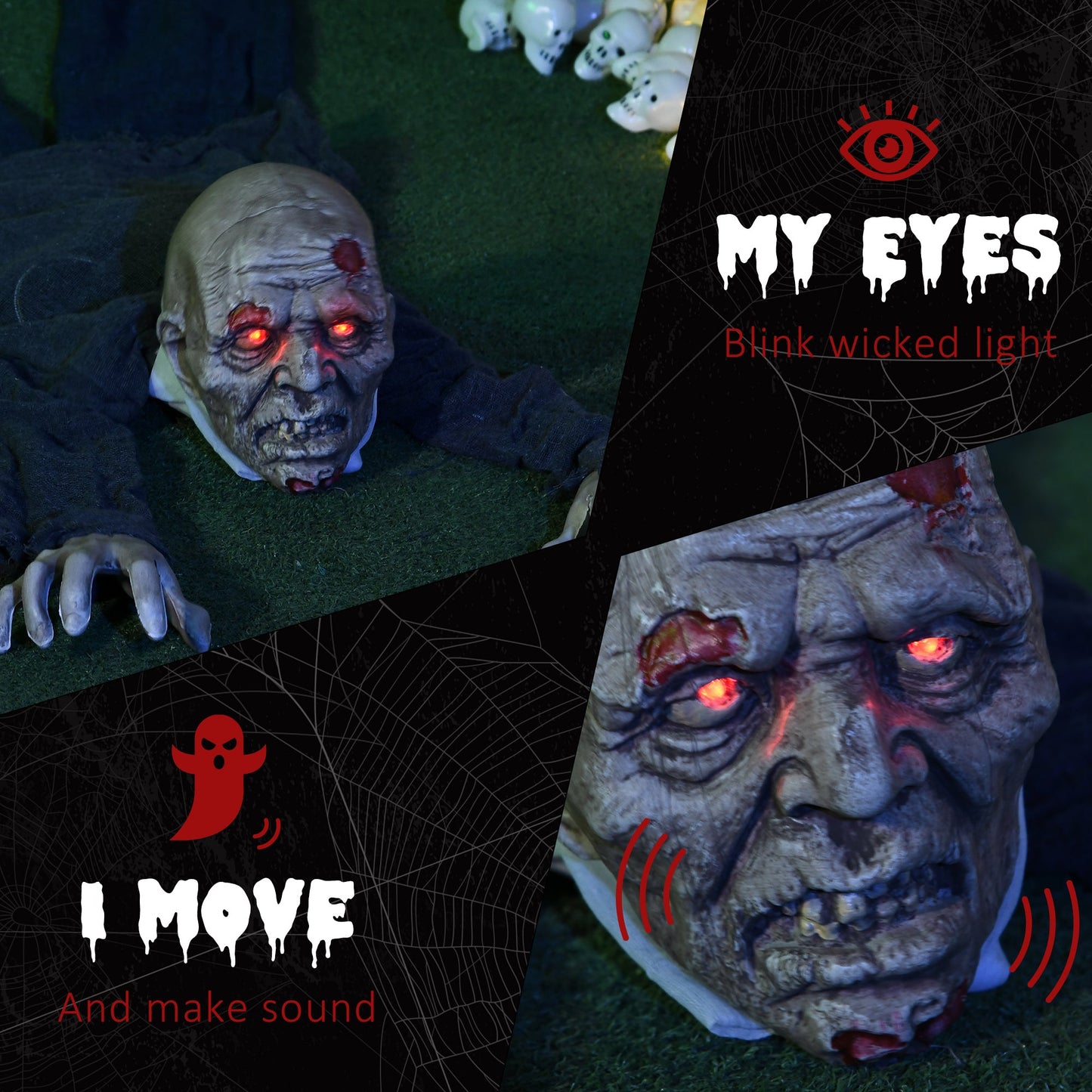 HOMCOM 5.2ft Life Size Outdoor Halloween Decoration Crawling Zombie, Animated Prop Decor with Sound and Motion Activated, Light Up Eyes, Howling Sound, Posable Arms