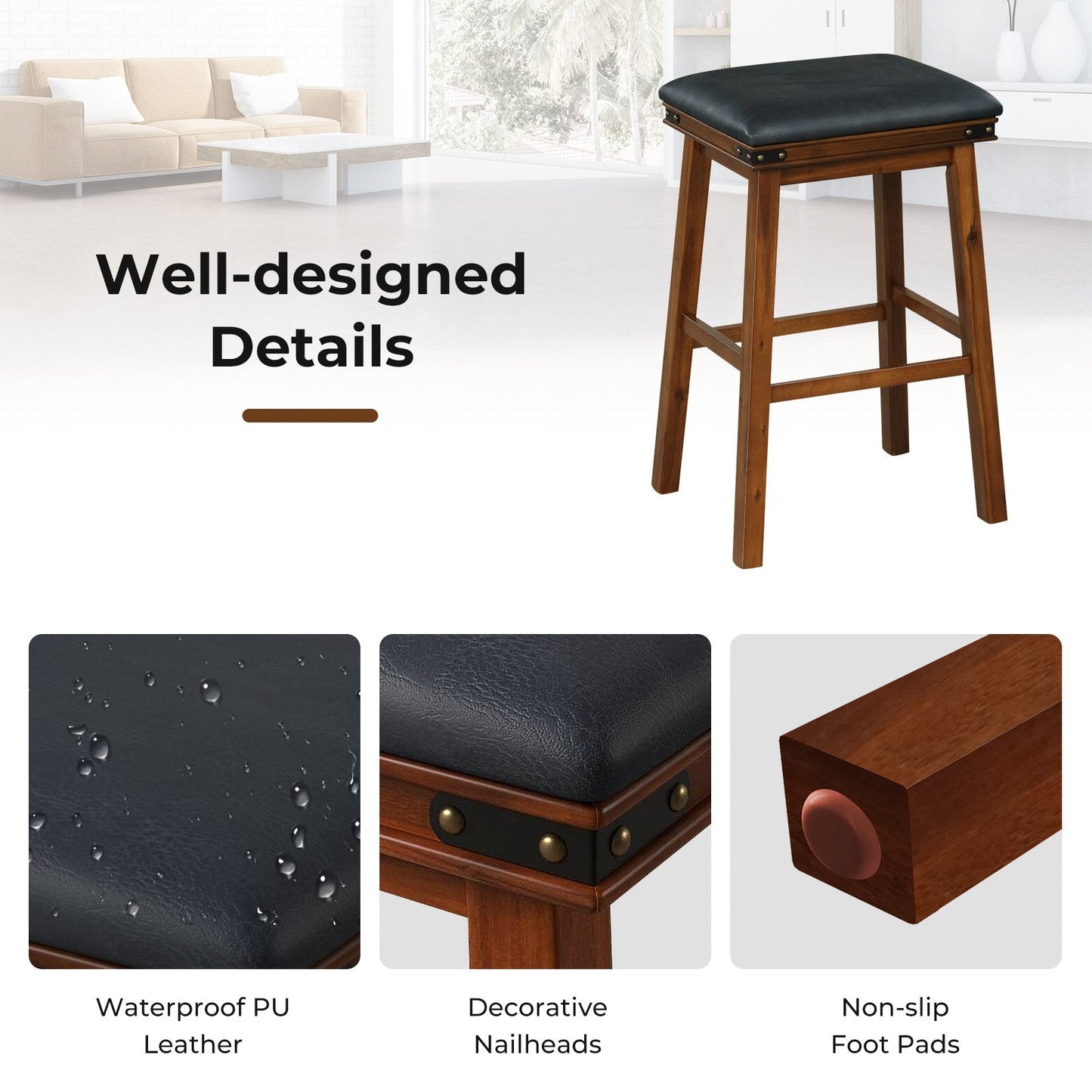 Set of 2 Upholstered Bar Stool 76cm Backless Height Bar with Footrest-Brown