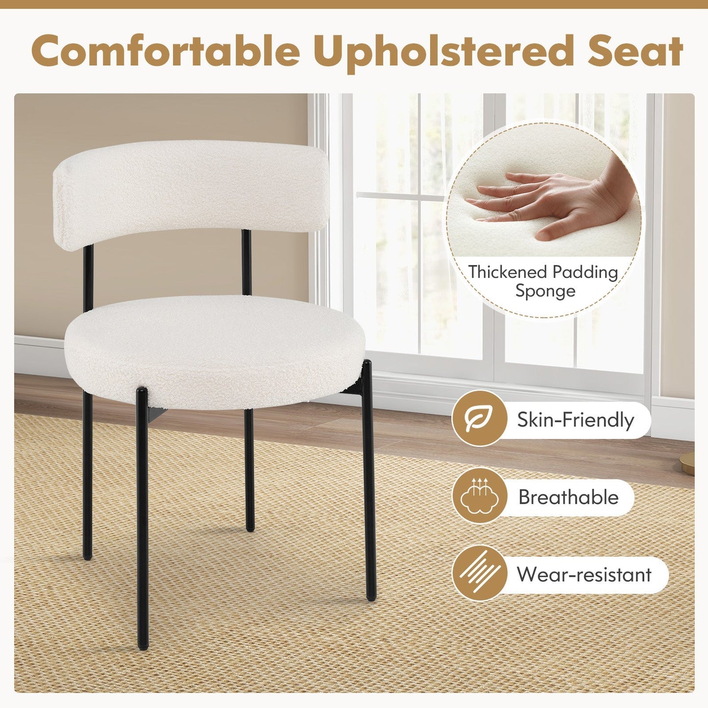 Round Sherpa Upholstered Kitchen Armless Chairs with Curved Backrest Set of 4-Beige