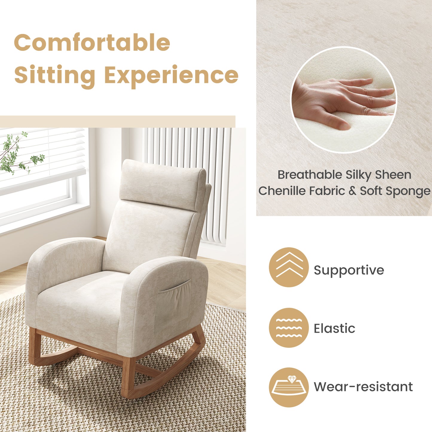 Upholstered Chenille Nursery Rocking Chair with Rubber Wood Frame-Beige