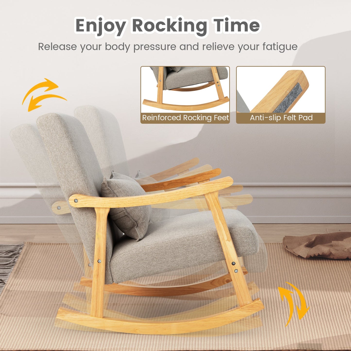 Upholstered Rocking Chair Modern Rocker with Rubber Wood Frame-Grey