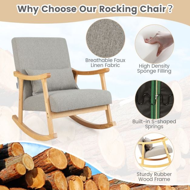 Upholstered Rocking Chair Modern Rocker with Rubber Wood Frame-Grey
