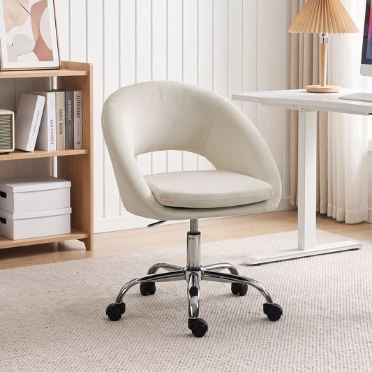 HOMCOM Velvet Desk Chair, Modern Office Chair with Height-Adjustable, Wheels, for Home Study Bedroom, Cream