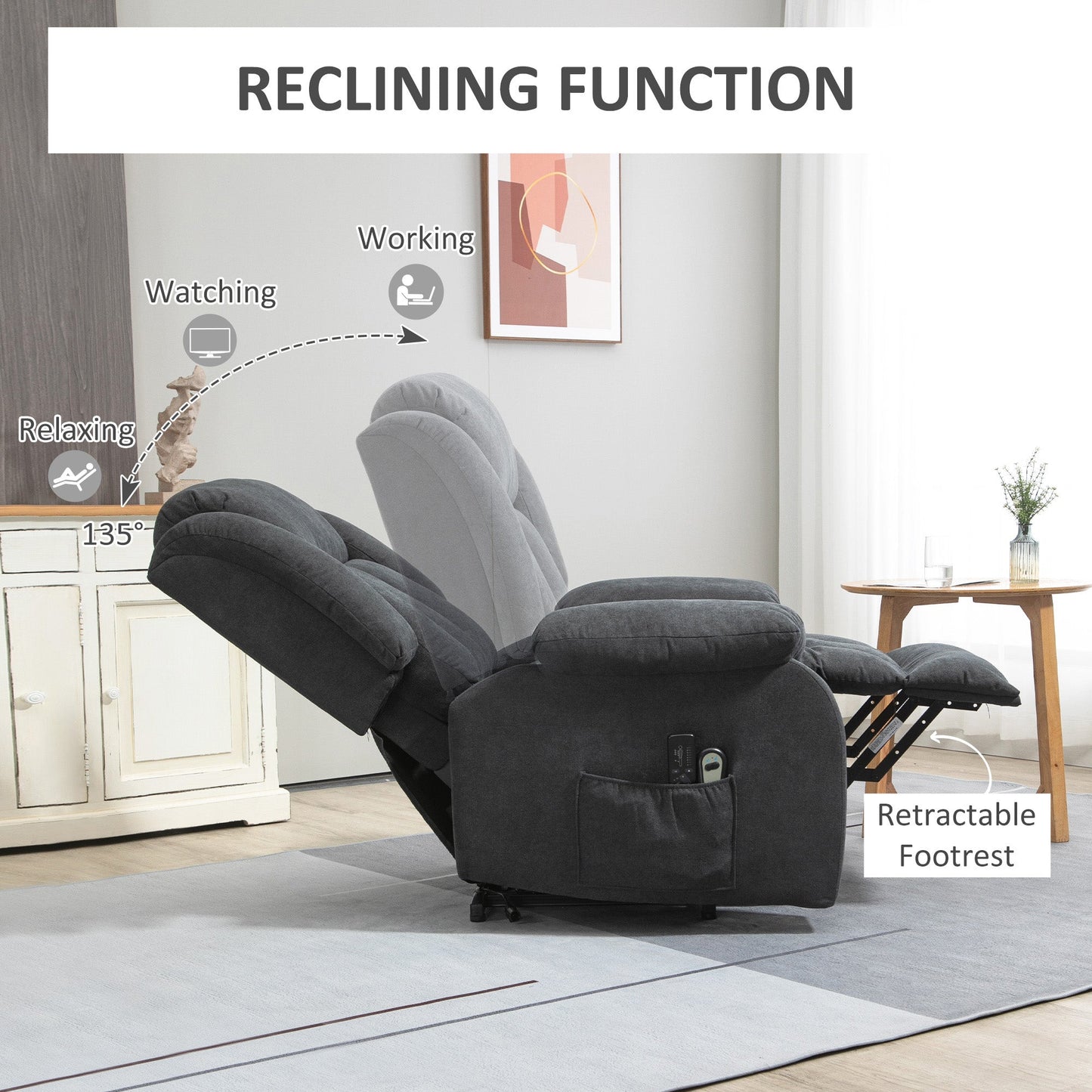 HOMCOM Power Lift Recliner Chair with Massage, Overstuffed Lift Chair for Elderly with Footrest, Remote, Side Pocket, Dark Grey