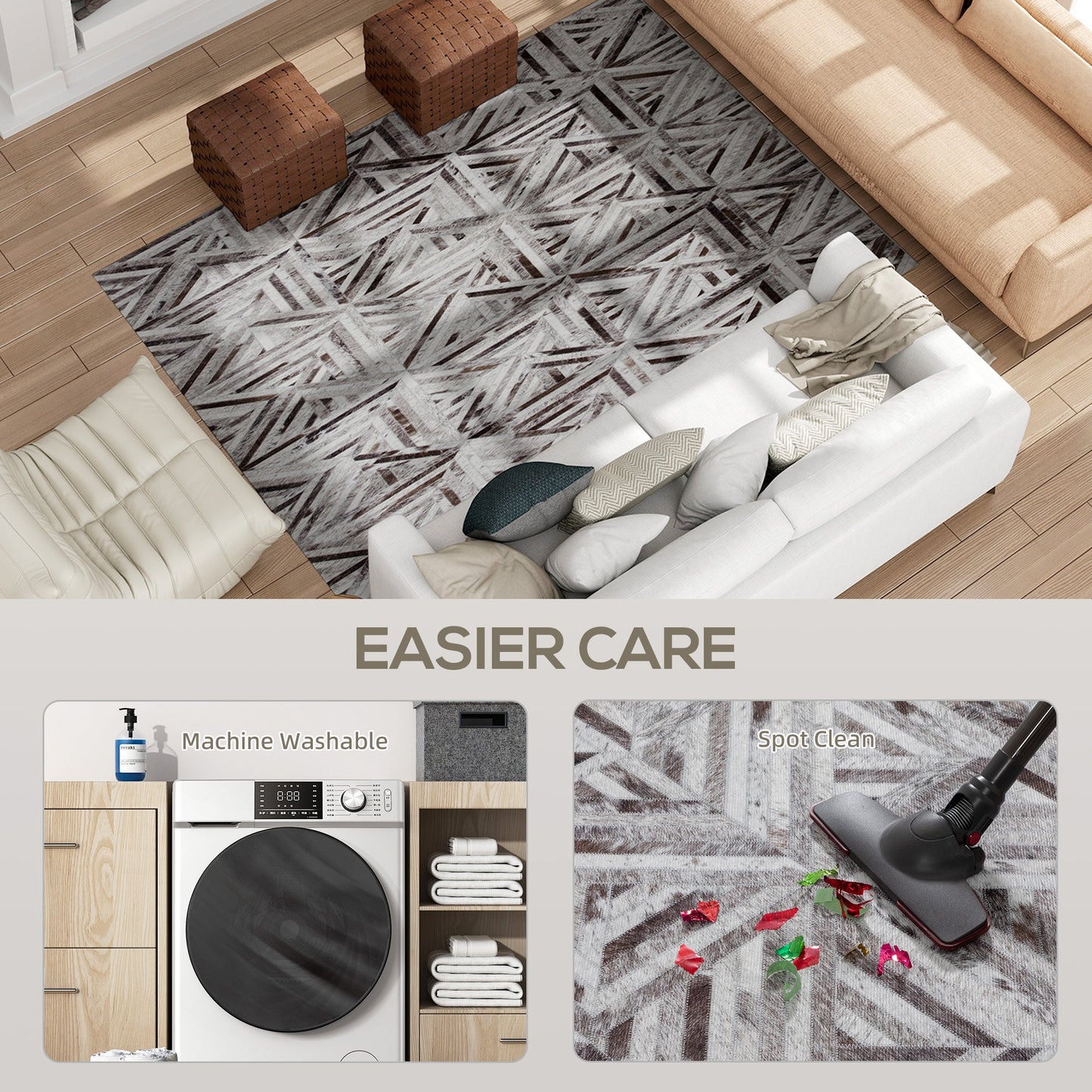 HOMCOM Modern Area Rug, Triangle Pattern Non-Slip Washable Rug, Chenille Floor Carpet for Living Room, Bedroom, Dining Room, Home Office, 230 x 160 cm, Brown