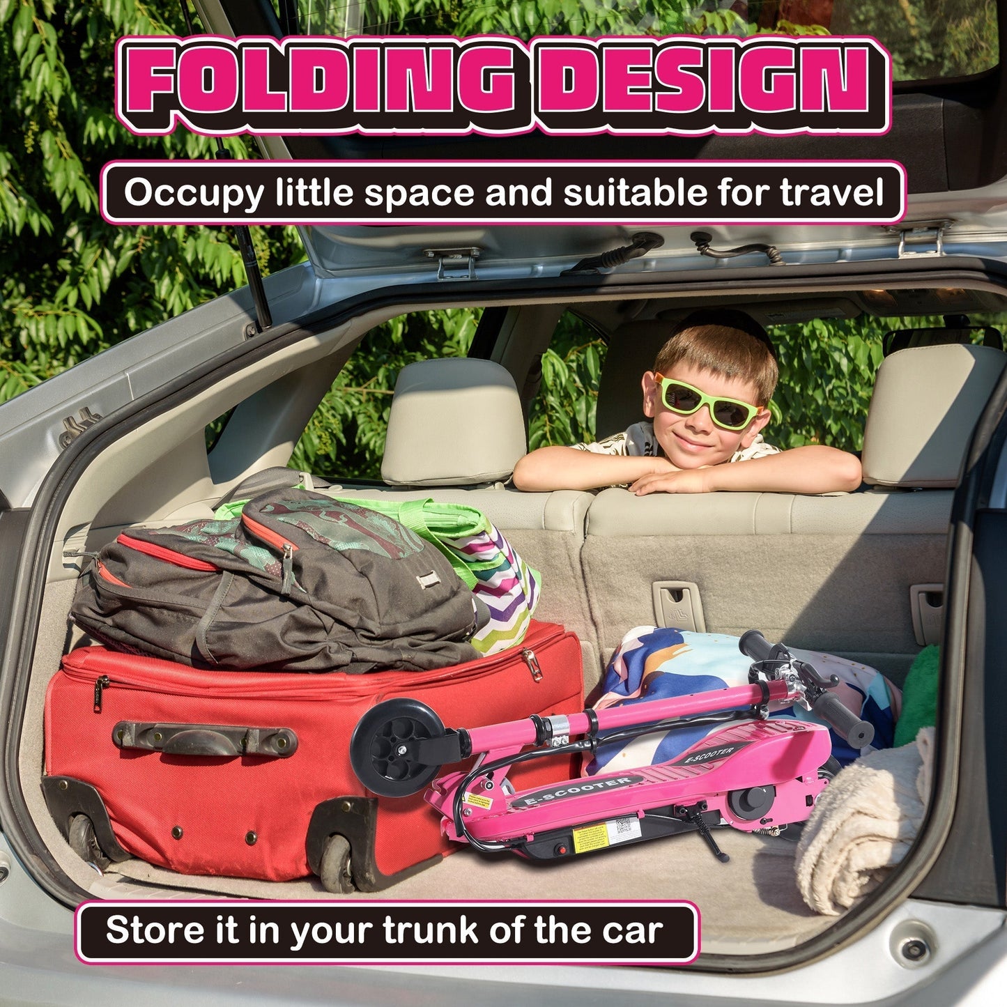 HOMCOM Foldable Electric Kids Scooter, Ride-on for Ages 7-14 Years, Pink