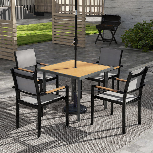 Outsunny Garden Table for 4, 90 cm Rectangular Outdoor Dining Table with 4.2 cm Umbrella Hole, Wood Effect Top, Rust Resistant Frame, for Patio, Balcony, Terrace, Natural Wood Finish