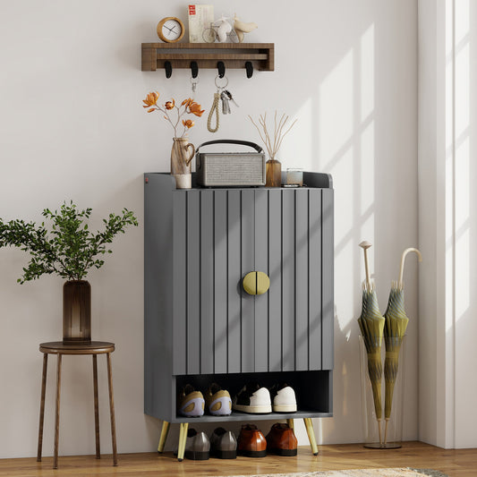 HOMCOM Modern Shoe Cabinet with 2 Doors, Open Shelf and Adjustable Shelves, 15 Pair Hallway Shoe Cupboard, Entryway Storage Unit, Grey