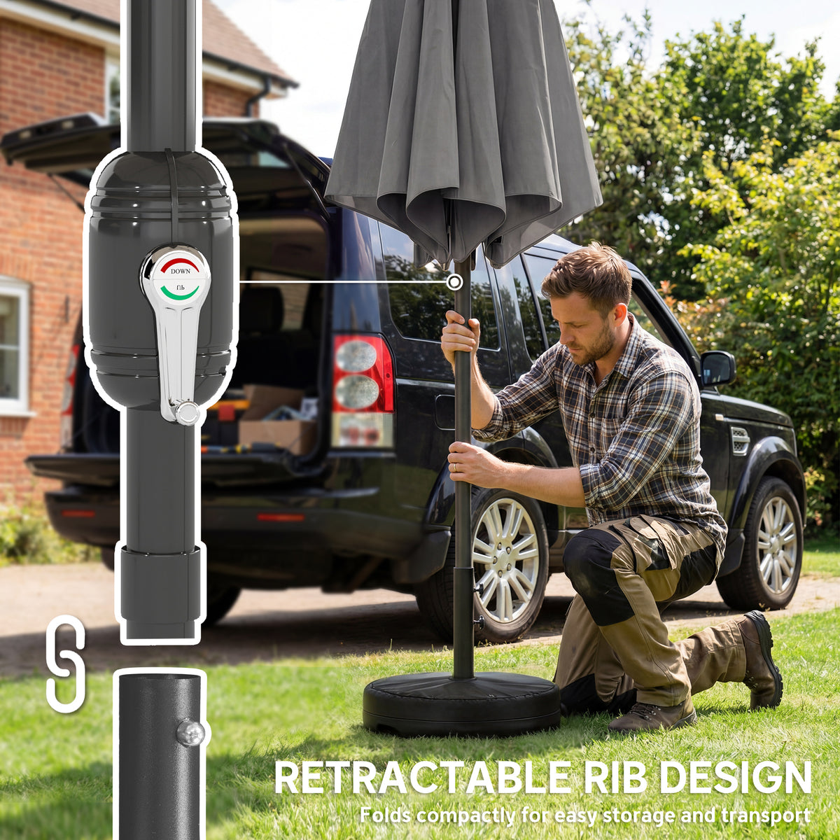 Outsunny 2.7 m Garden Parasol Umbrella with Cross Base and Sandbag, Retractable Ribs, Outdoor Table Market Umbrella, Light Grey