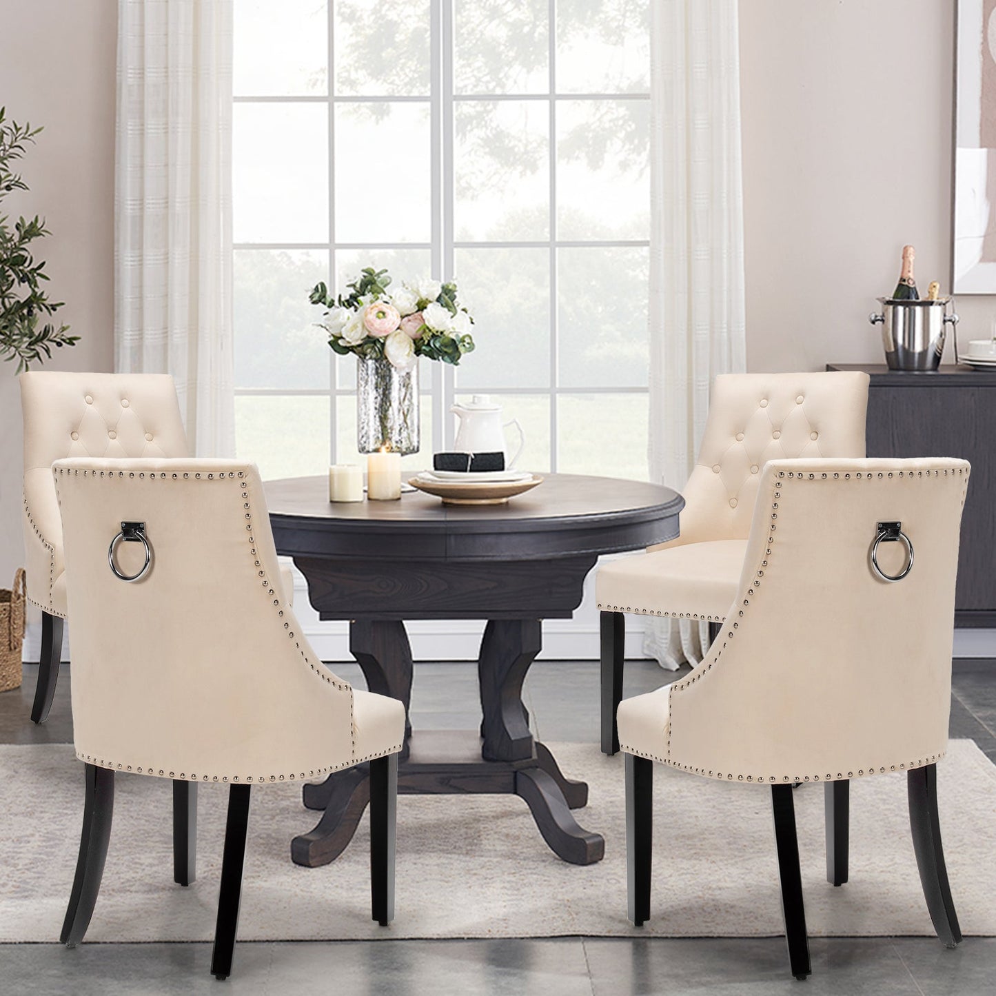 Modern Button-Tufted Velvet Studded Dining Chair with Nail head Trim-Beige