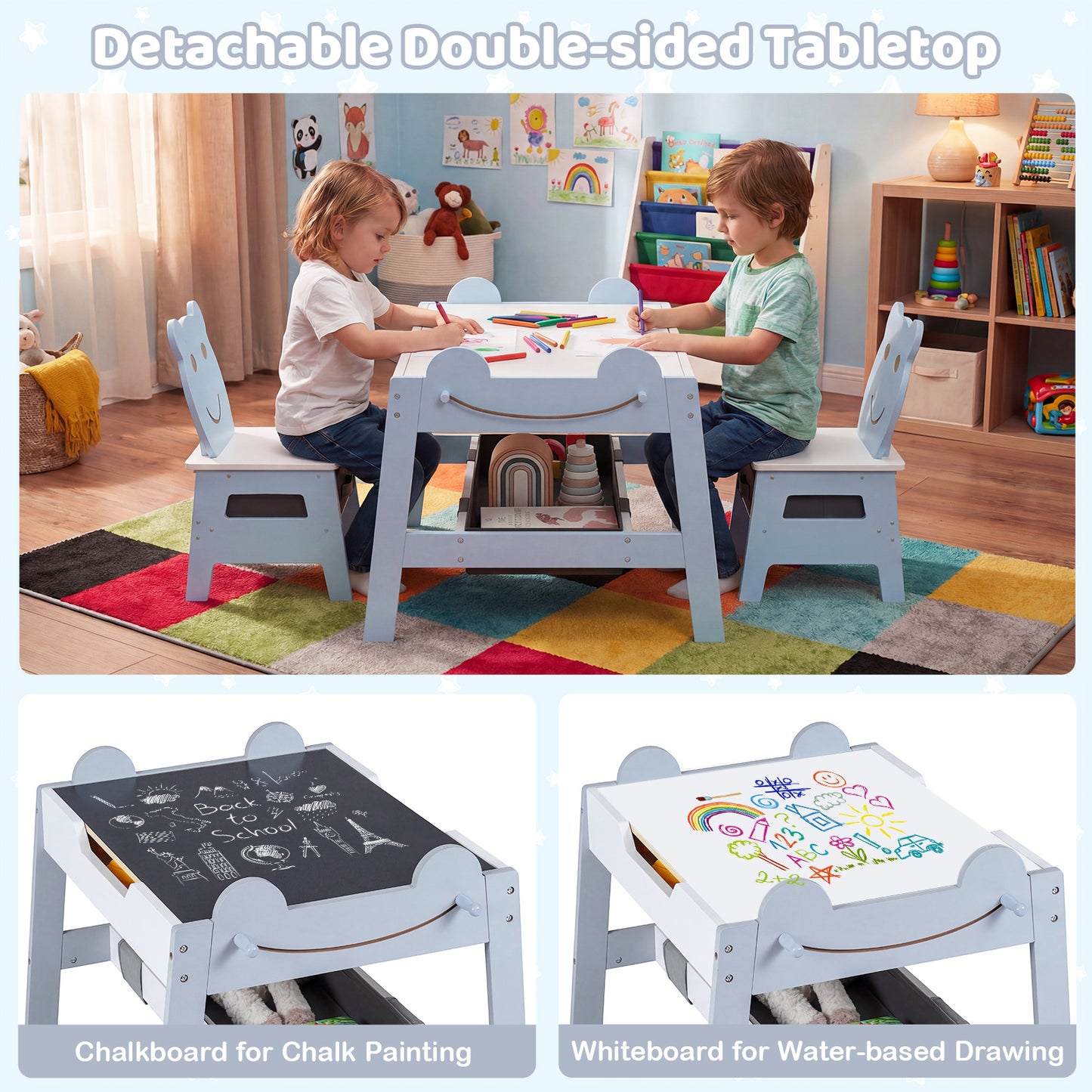 Versatile Kids Table and 2 Chairs Set Wooden Activity Table with Detachable Double-sized Tabletop for boys and girls-Grey