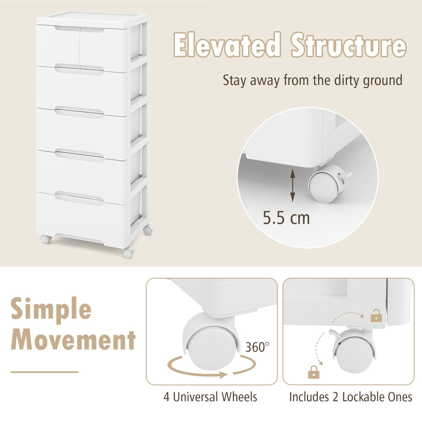 Vertical Rolling Storage Cabinet with Universal Wheels and Lockable Wheels-5 Drawers