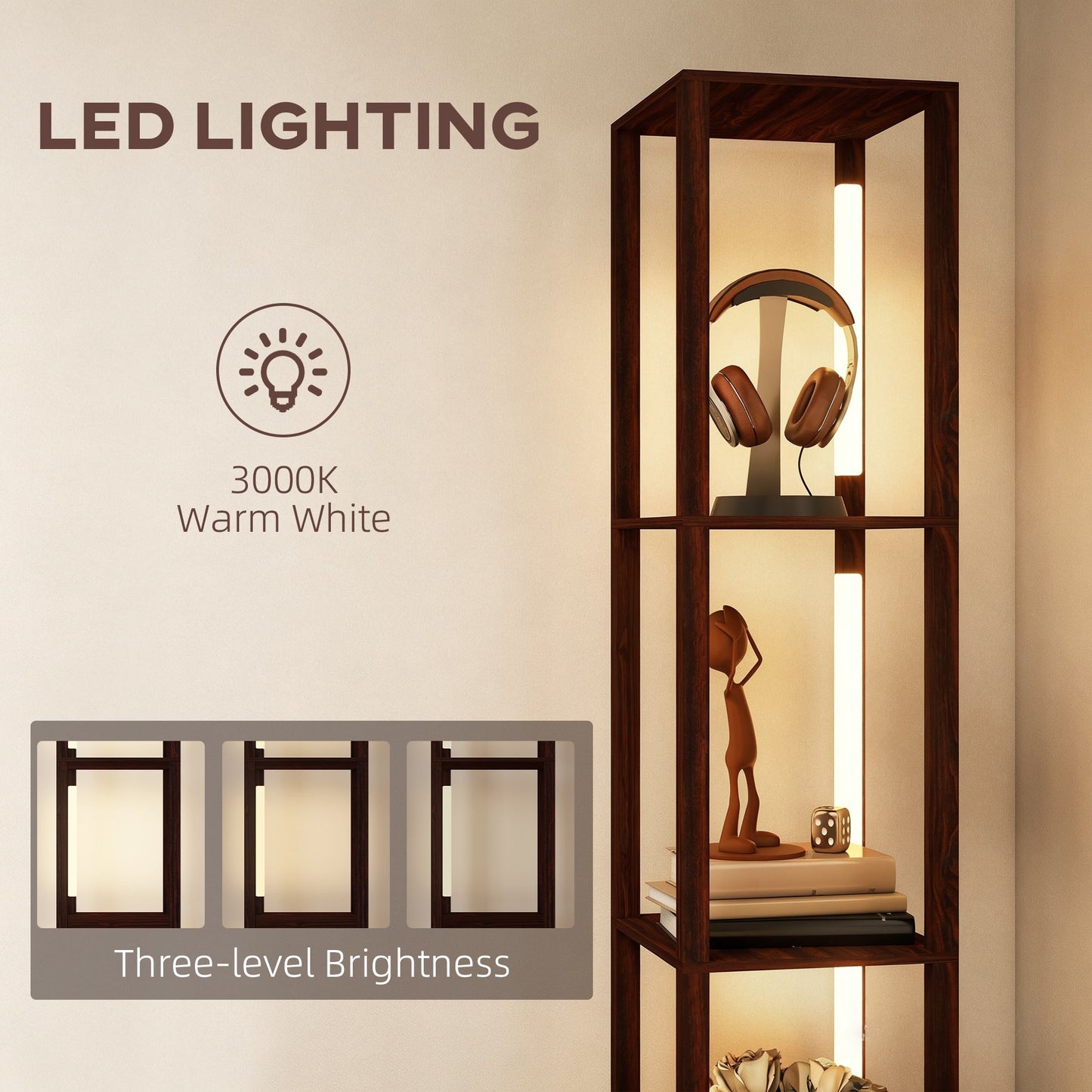 HOMCOM Floor Lamp with Shelves, LED Column Modern Standing Lamp with Fabric Drawer, Adjustable Brightness, Foot Switch for Living Room, Bedroom, Office, Dark Brown