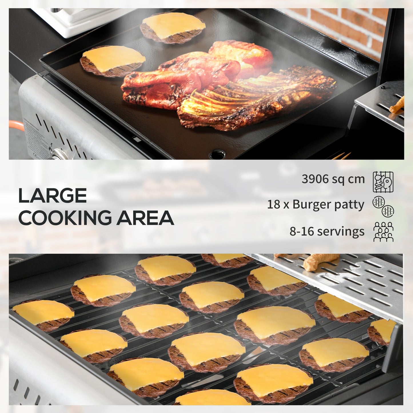 Outsunny 12kW Deluxe Duo Gas BBQ, with Grill, Plancha and Side Burner - Black