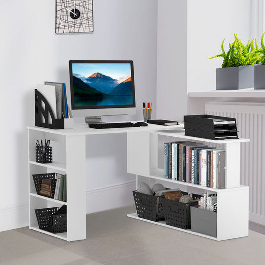 HOMCOM Corner Computer Desk, L Shaped Desk with 360° Rotating Bookshelf, 120L x 110W x 74.5H cm, White