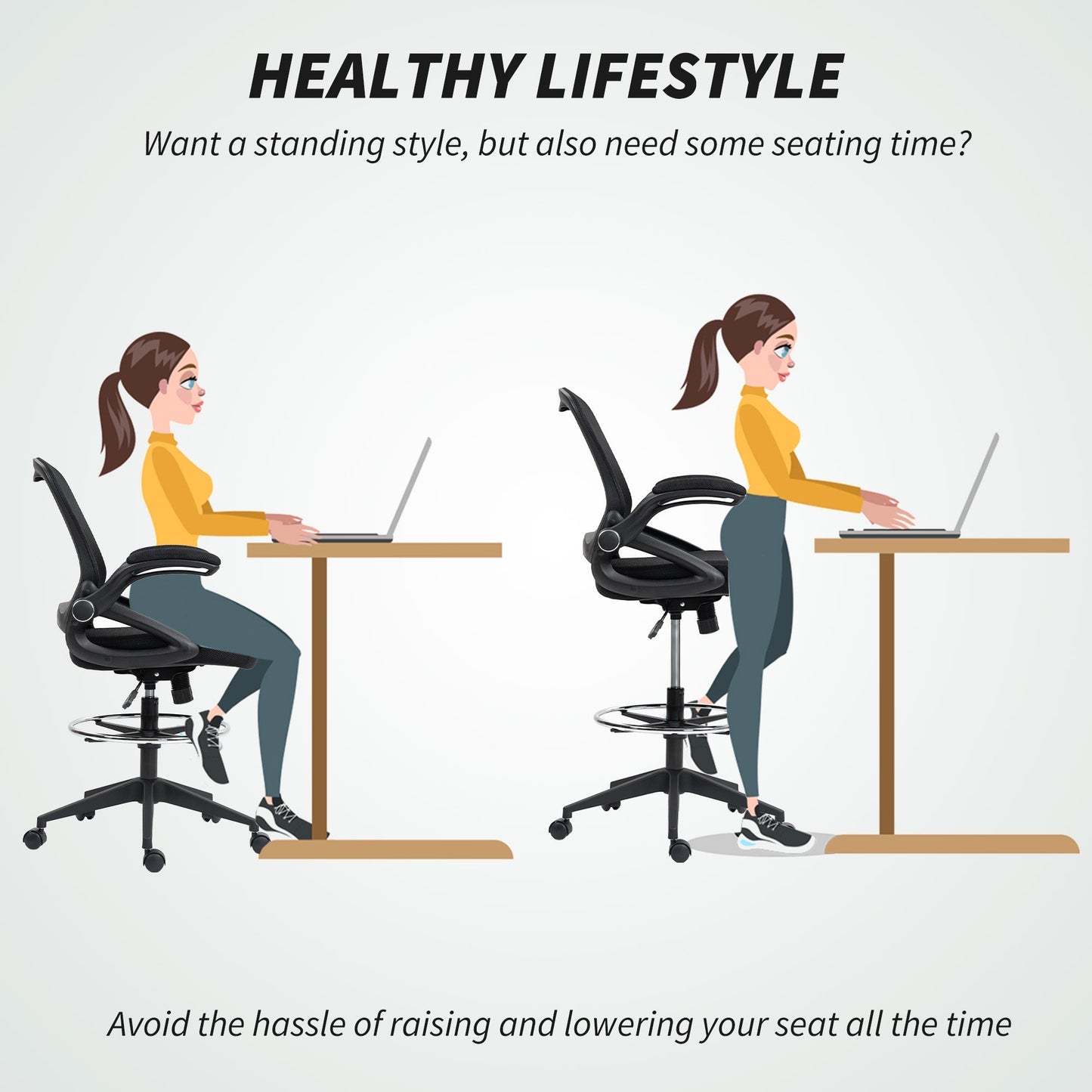 Vinsetto Drafting Chair with Flip-up Armrest, Mesh Office Stool with Foot Ring, 360 Degree Swivel Height Adjustable Chair for Standing Desk, Black