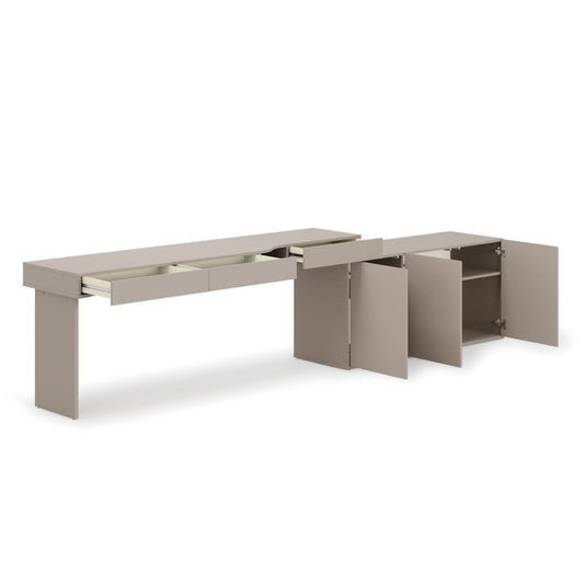 Modern L-shaped desk with storage cabinets on a white background