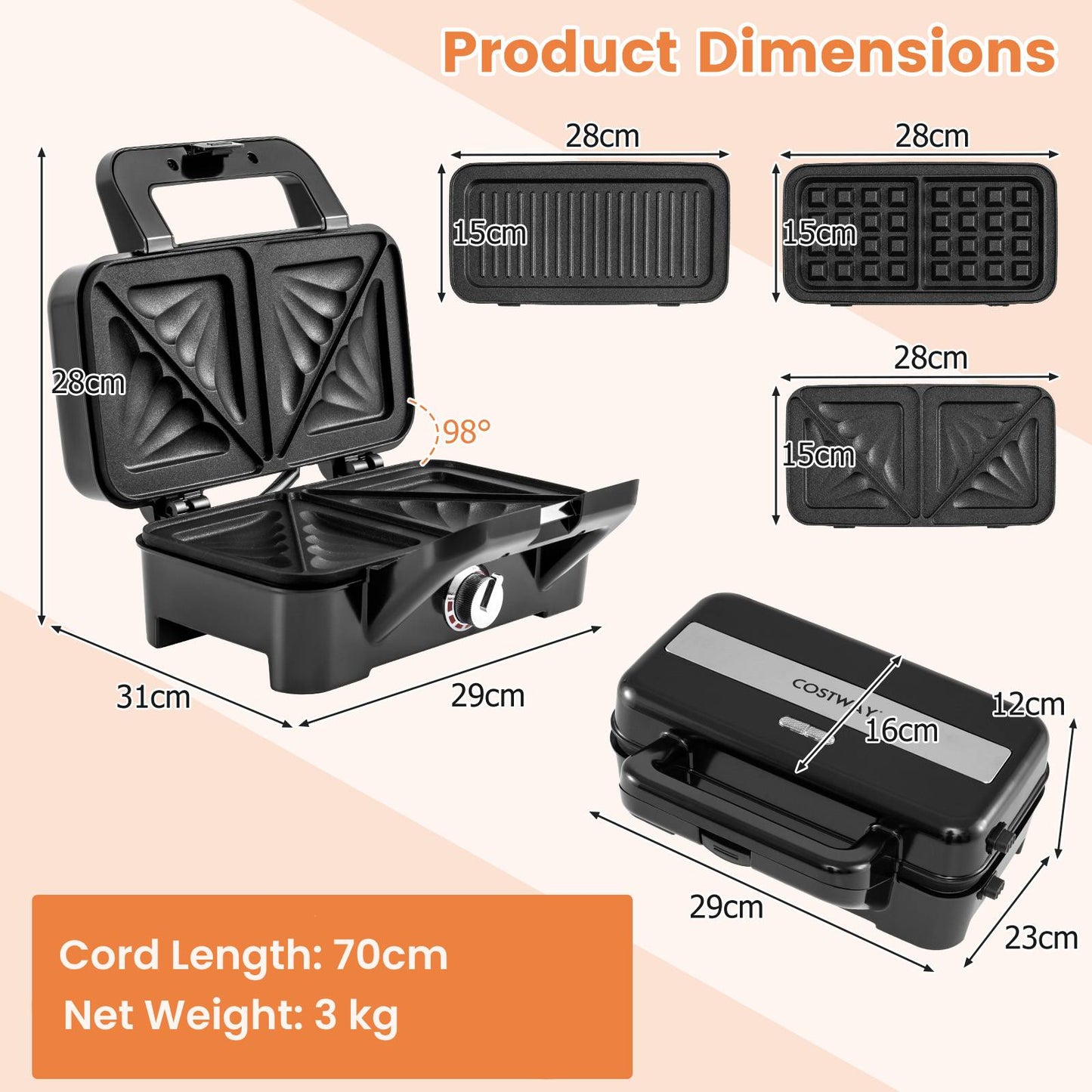3 in 1 Waffle Maker with Non-stick Plates and Indicator Lights-Black