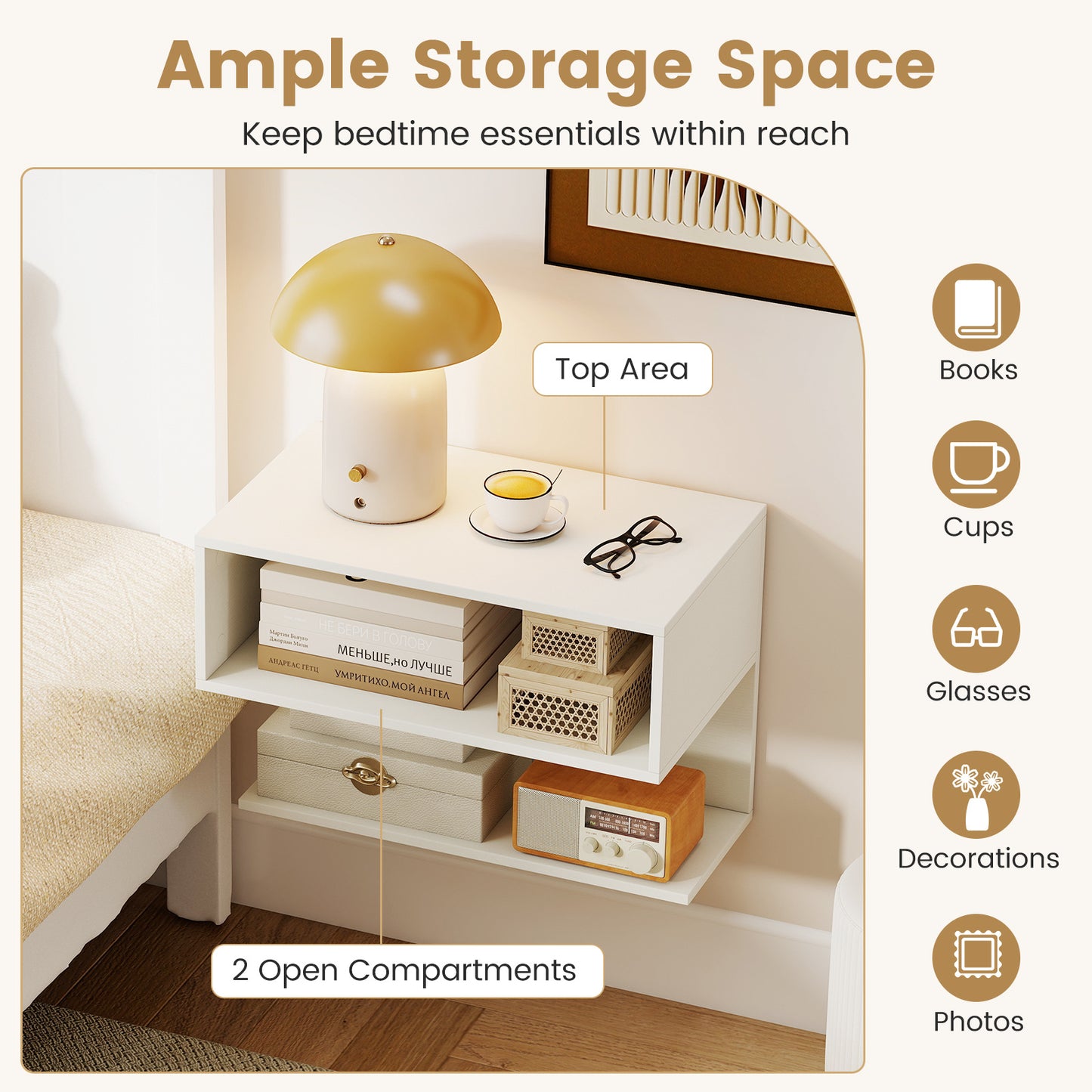 Wall Mounted Bedside Table with Storage Shelves-White