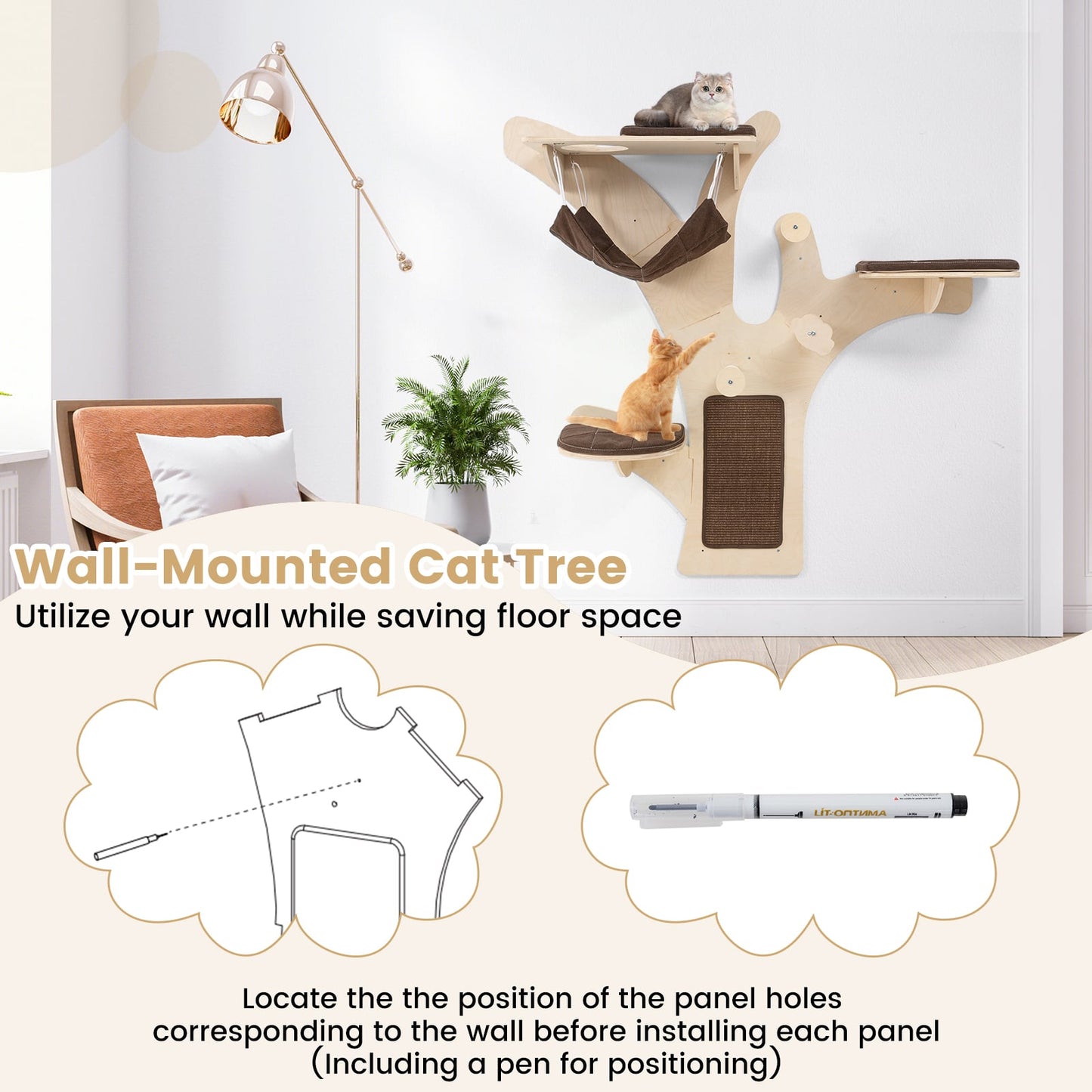 Wall-Mounted Cat Tower Furniture with Scratching Posts-Brown